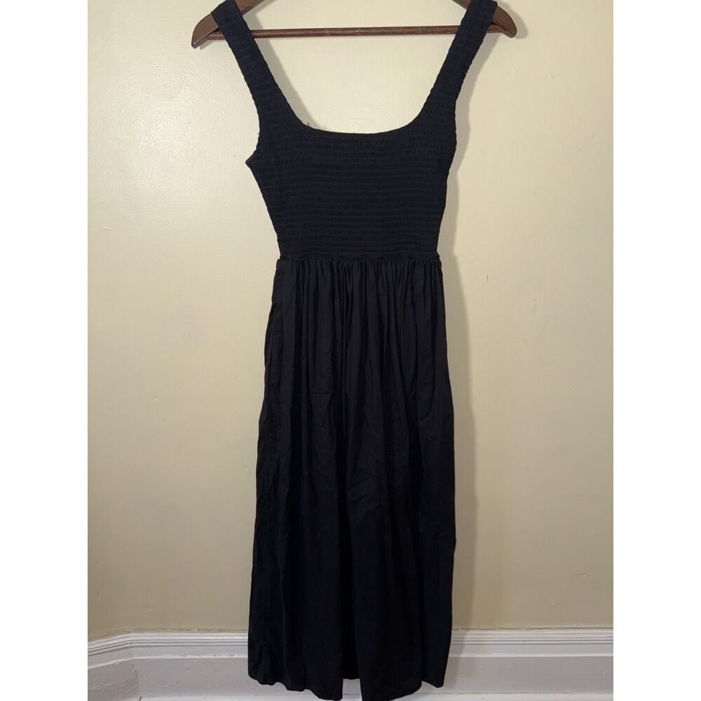 Wayf Smocked Bodice Square Neck Midi Dress Black Pockets Size S - Picture 2 of 12